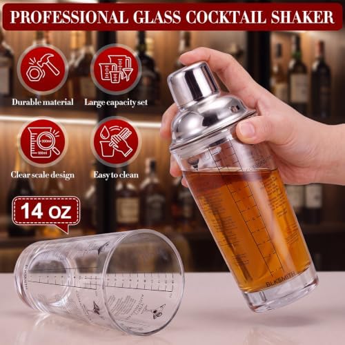 Hushee 2 Pcs 14 oz Glass Cocktail Shaker with Measurements and 6