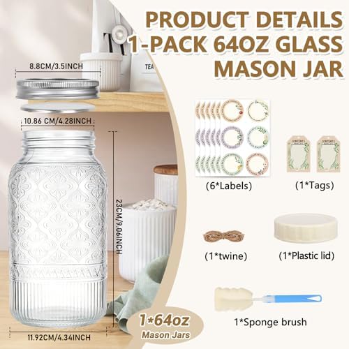 64oz Glass Mason Jars 1-Pack with Airtight Metal Split & Extra Plastic