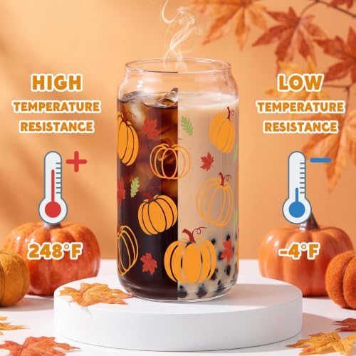 16 oz Fall Pumpkin Glass Cup With Lid & Straws Pumpkin Gifts for Women