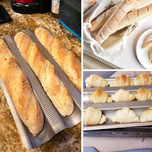 Baguette Pan, French Bread Baking Pan Perforated 3 Loaves Long Italian