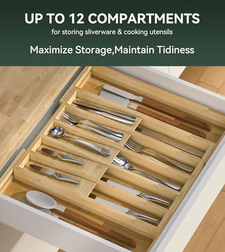 Expandable Silverware Drawer Organizer for Utensil,Bamboo 12 Slot
