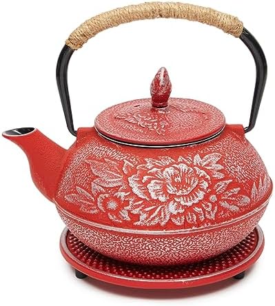 Juvale Japanese Cast Iron Teapot with Infuser - Red, 27 oz (800 ml)