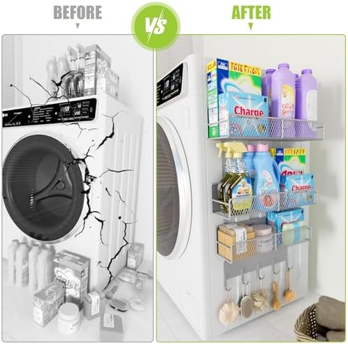 4 Pack Magnetic Washing Machine Shelves with Hooks, Grey