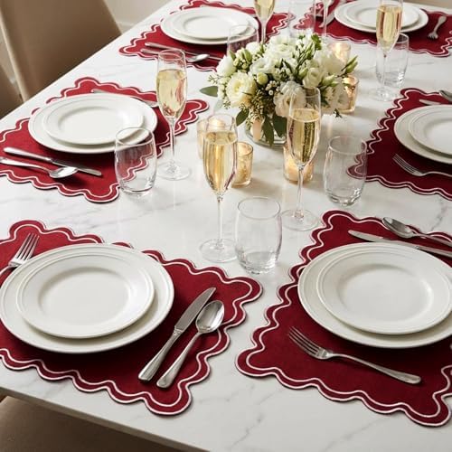 HunnmingRe Burgundy with White Scalloped Placemats Set of 6, Rectangle