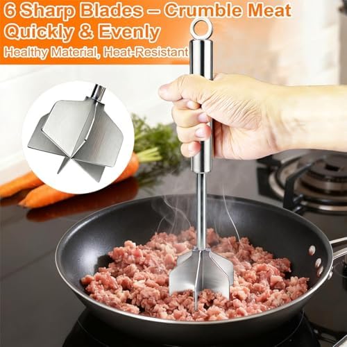 Meat Masher, 304 Stainless Steel 6 Blade Ground Beef Chopper Tool