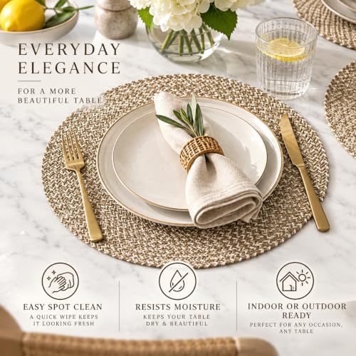 Marled Twist Set of 8 Placemats, 15" Round Cotton, Beige, Heat