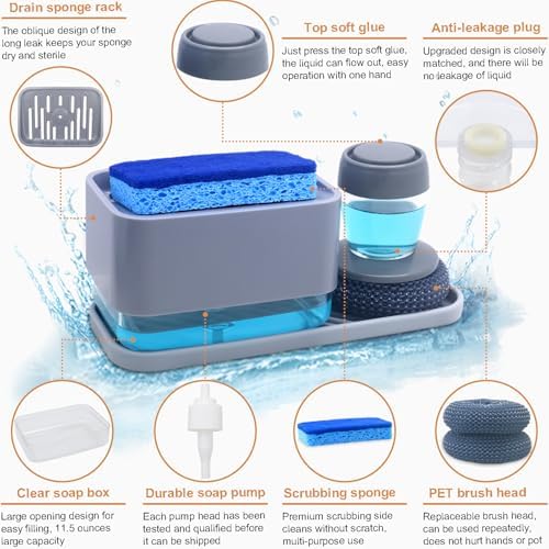 Dish Soap Dispenser with Sponge Holder, 4-in-1 Countertop Pump