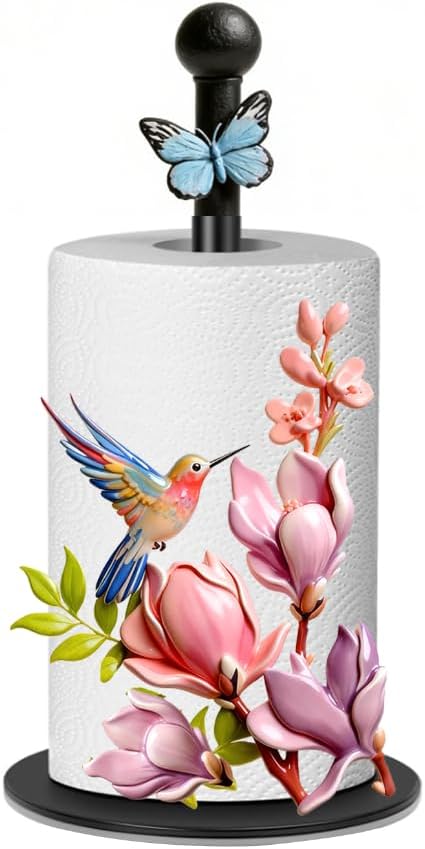 Whaline Pink Floral Hummingbird Paper Towel Holder Spring Flower Bird Large by Whaline