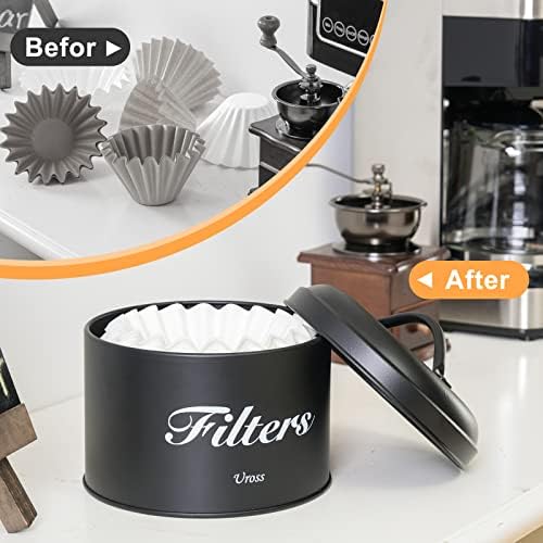 Uross Coffee Filter Holder Storage with Lid- Rustic Container Basket
