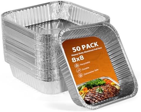 8x8 Foil Pans 50 Pack, Heavy Duty Square Aluminum Baking Pans