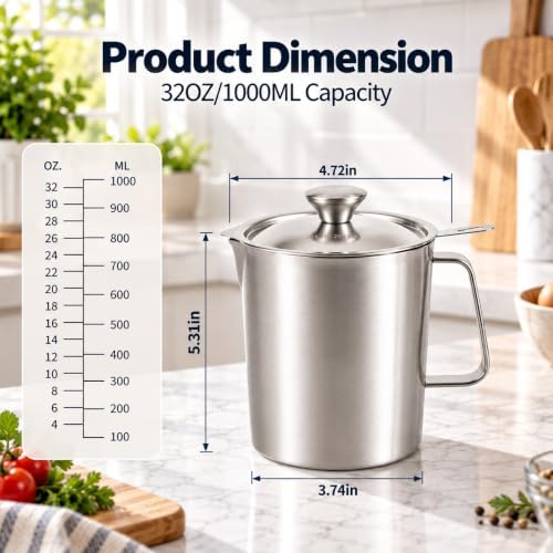 304 Stainless Steel Measuring Cup with Lid, Strainer, 32oz pitcher for