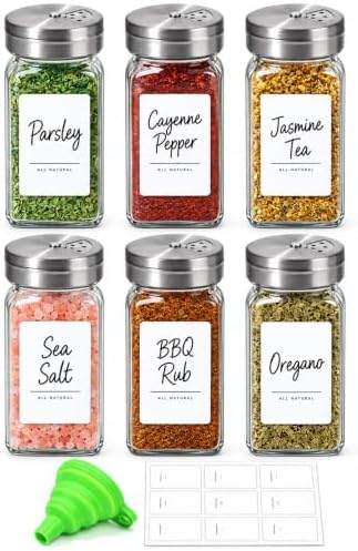 ComSaf Glass Spice Jars with Shaker Lids 4 oz 6 Pack Square