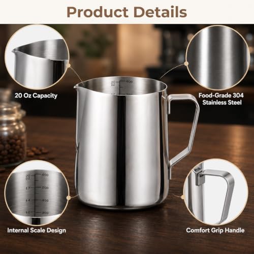 4 Pcs Milk Frothing Pitcher, 20oz/600ml Stainless Steel Milk Steamer