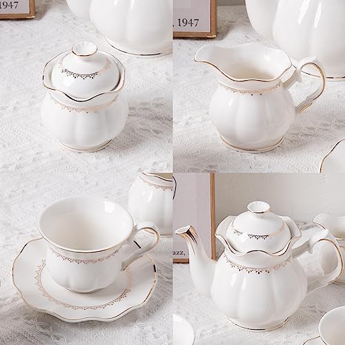 Sweejar Porcelain Tea Set With Gold Trim - Ceramic Tea pot and Sugar &