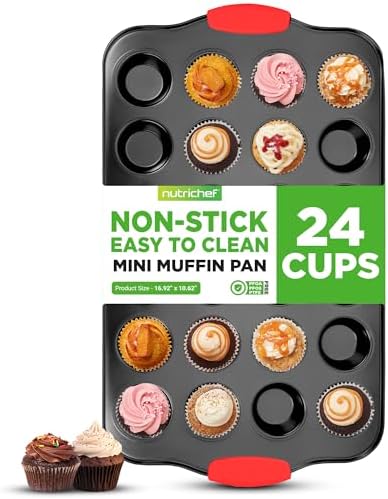 NutriChef 24-Cup Nonstick Mini Muffin Pan with Red Silicone Handles