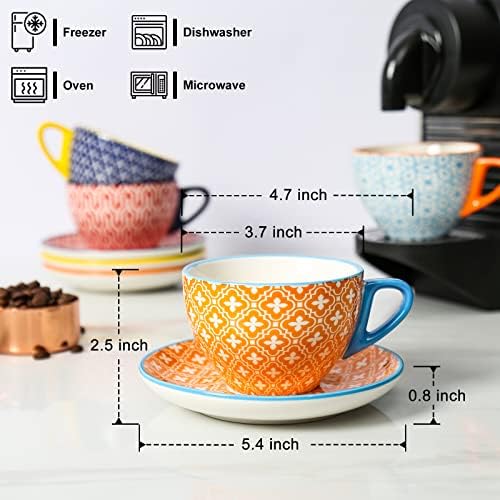 KitchenTour Espresso Cups and Saucers set, 6-pack,7oz - Cappuccino