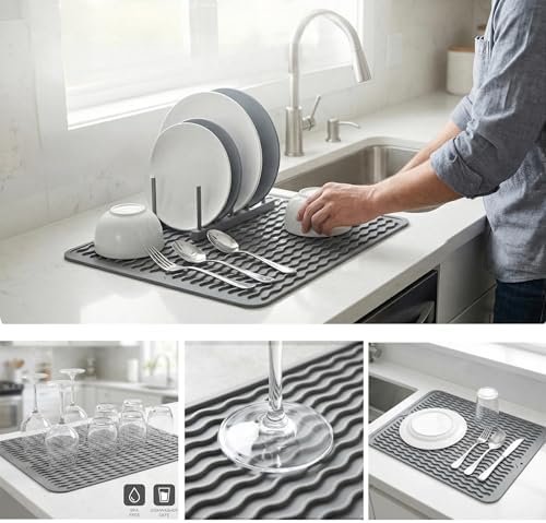 MicoYang Silicone Dish Drying Mat, Grey, 16"×12"