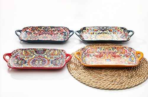 Boho Ceramic Serving Platters with Handles Set of 4, 12Inch Large Serving Dishes for Entertaining, Colorful Cute Porcelain Serving Plates for Sandwich, Appetizer, Fruit, Microwave Oven Safe Mix-color