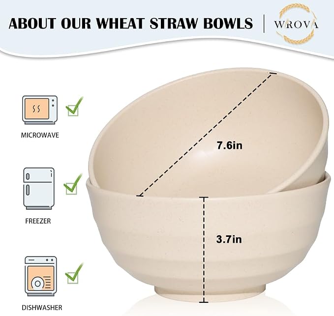 Wrova Wheat Straw Bowls Set 60 OZ, Unbreakable Large Beige Bowls Set of 6 - Image 2