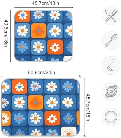 OTVEE Checkerboard Bloom Print Dish Drying Mat for Kitchen Counter