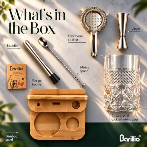 Barillio 24 Oz Crystal Cocktail Mixing Glass with Bamboo Stand & Bar