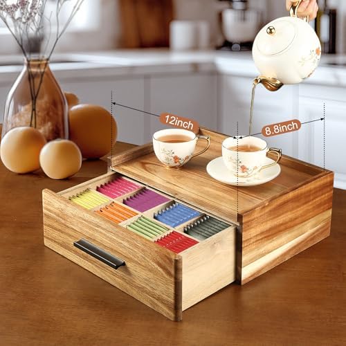 Acacia Wood Tea Bag Organizer with Drawer - 12-Compartment Tea Storage