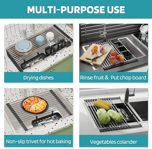 Black Expandable Roll Up Dish Drying Rack Up to 22.8''with 2 Storage