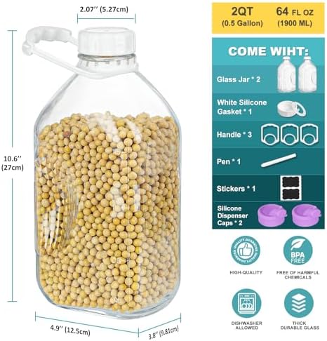 Ritayedet 2 Pack 64 Oz Glass Milk Bottle With Lids, 2 Qt Glass Water