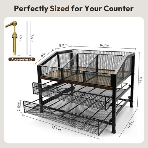 Coffee Bar Organizer with 3 Syrup Pumps, 3-Tier Coffee Station
