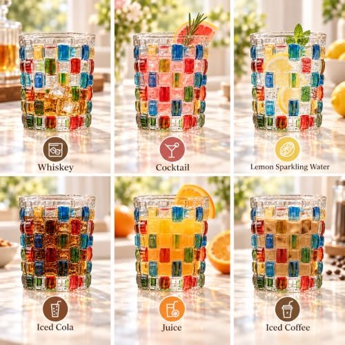 Set of 4 Colorful Hand Painted Whiskey Glasses, 10oz Rocks Glasses