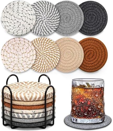 Woven Coasters Set of 8, Absorbent Drink Coasters with Holder, Boho