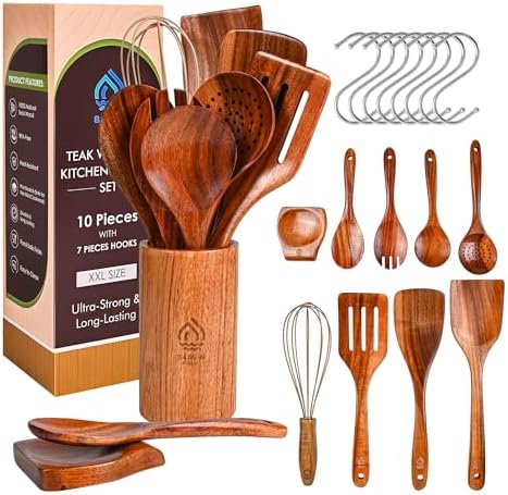 10 Piece Teak Wooden Utensil Set with Holder