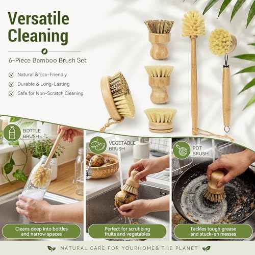 DEBETOOL 6-Piece Bamboo Dish Brush Set