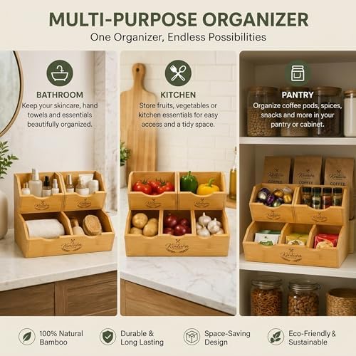 Stackable Bamboo Pantry Storage Bins, Potato Onion Storage Organizer