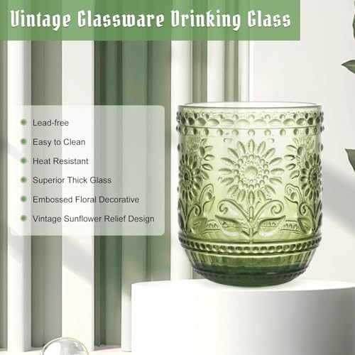 Topsky Vintage Drinking Glass Set of 6,12 oz Embossed Floral