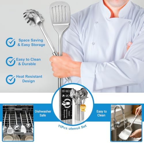 11-Piece Stainless Steel Cooking Utensil Set with Holder