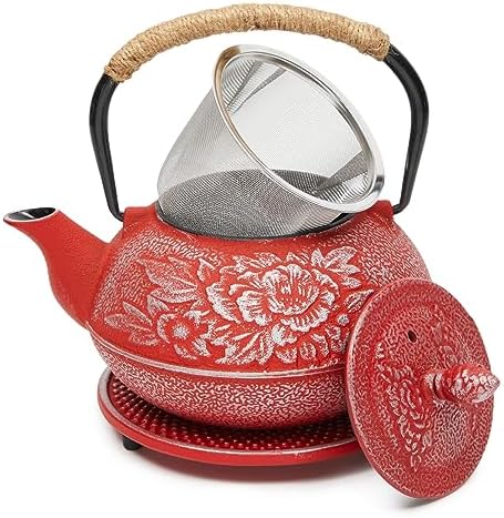 Juvale Japanese Cast Iron Teapot with Infuser - Red, 27 oz (800 ml)