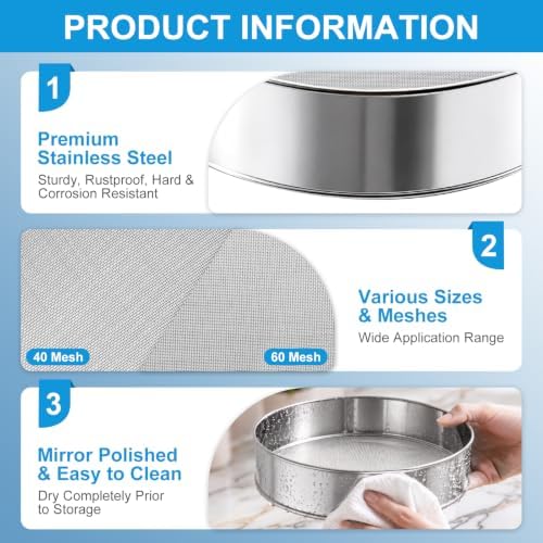 3 Pcs flour sifter for baking (8" 40 and 60 Mesh, 6" 40 Mesh)