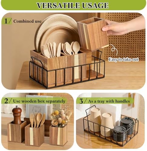 Silverware Holder for Party, Acacia Utensil Holder with 4 Removable