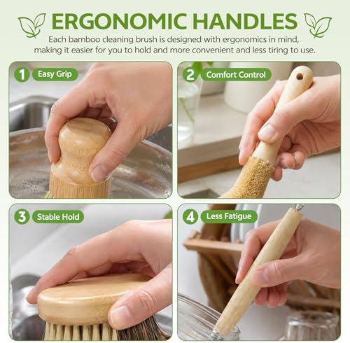 GREENTH PRO 9-Piece Bamboo Dish Brush Set with Natural Coconut Sponges