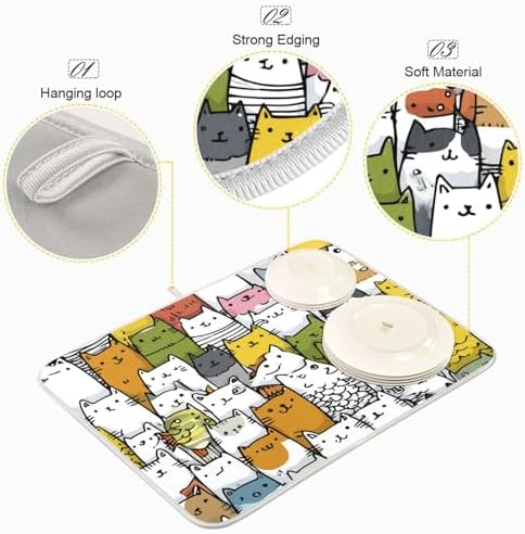 OTVEE Colorful Cat Art Dish Drying Mat for Kitchen Counter Absorbent