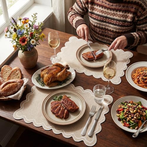 Linen Placemats Set of 12 Scalloped Placemat 13 X 19,Regular,Cream