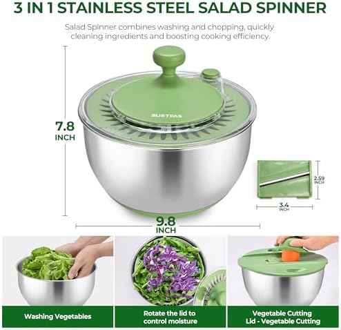 SUSTEAS Stainless Steel Salad Spinner, Lettuce Spinner with 5 Blade Slicer