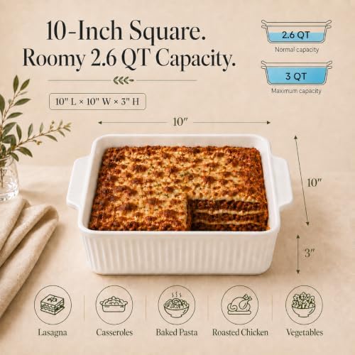 10 Inch Square Ceramic Baking Dish with Lid & Rack, Casserole Roaster