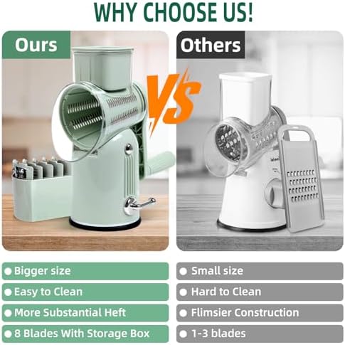 Rotary Cheese Grater with Handle, 5 Replaceable Blades, Green