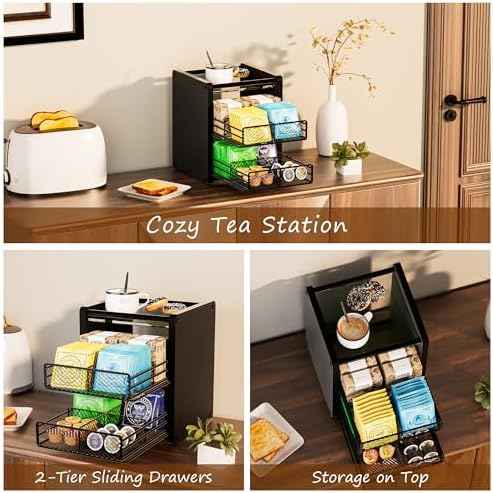 Tea Bag Organizer Box - Wooden Tea Bag Storage with 2 Drawers, Holder