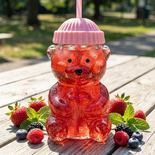Glass Bear Cup,Bear Cup with Straw, 500ml Reusable Bear Glass Tumbler