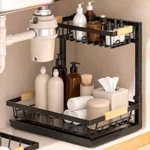 L-Shaped Adjustable 2-Tier Under Sink Organizer – Sliding Metal Storage Shelf for Kitchen & Bathroom Cabinets (Black)