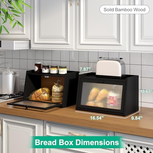 kiplant Bread Box for Kitchen Counter, Large Bamboo Bread Storage Container with Wavy Arcylic Door, Bamboo Wooden Farmhouse Bread Box for Your House (Black, Medium)