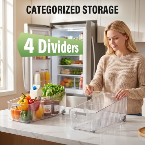 Pull Out Fridge Organizer Bins with Wheels, 8 Dividers, 2-Pack